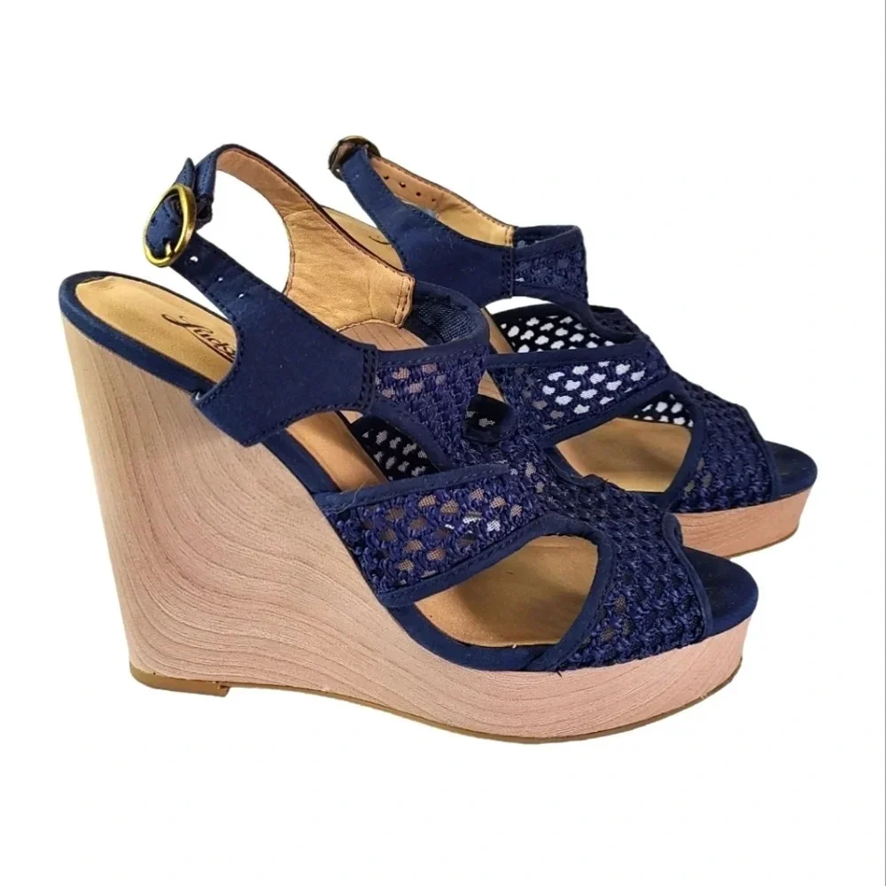Lucky Brand Navy‎ Lace wood heel high wedge sandal shoe Women's size 7.5